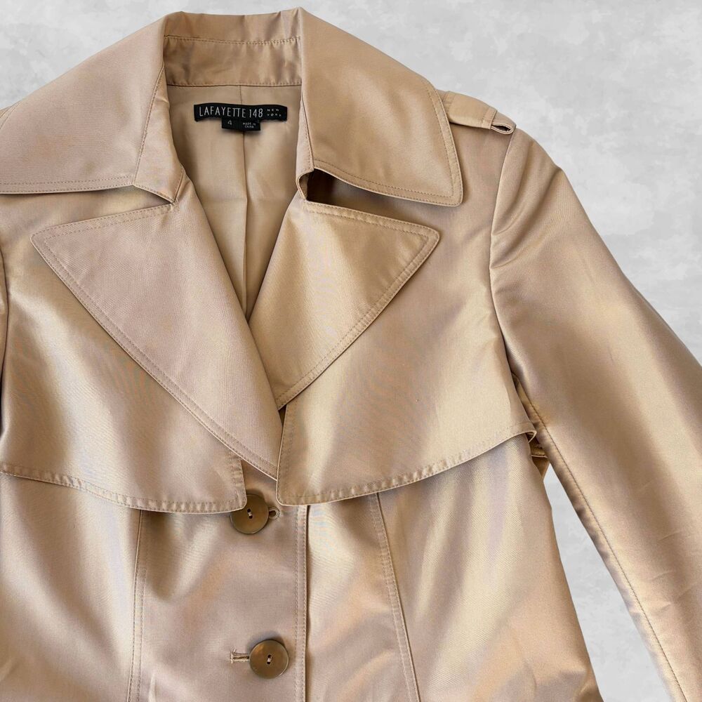 Lafayette 148 Trench Style Jacket Women's 4 Tan Silk Blend Belted Button Front
